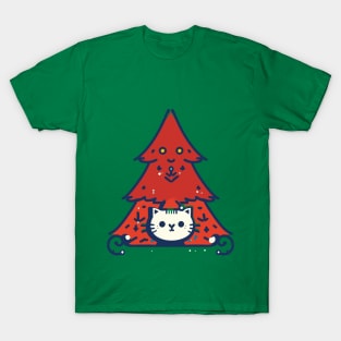 Meowy Catmas - Cute Cat In A Red Christmas Tree T-Shirt